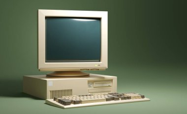 Klasik 90 'ların bej ev bilgisayarı sistemi. 3d illüstrasyon