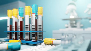 Laboratuvarda sıra sıra kan örnekleri test edilip tıbbi kullanım için test ediliyor. 3B illüstrasyon