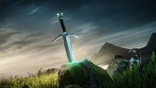 Ein Mythisches Altes Schwert Voller Geheimnisse Das Einer Wunderschönen Landschaft — Stockfoto