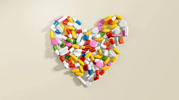 Různé Zdravotní Pilulky Tablety Kapsle Které Tvoří Tvar Srdce Ilustrace — Stock fotografie
