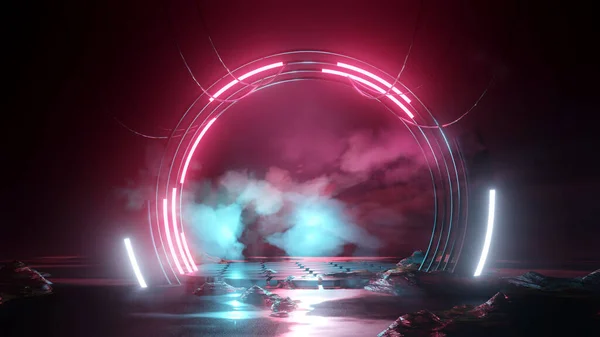 Neon Gloeiende Lichten Een Ronde Futuristische Podium Achtergrond Illustratie — Stockfoto
