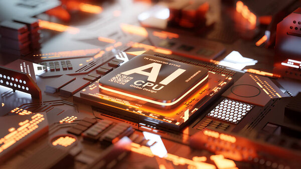 AI Artificial Intelligence problem solving computer CPU Processor. 3D illustration background.