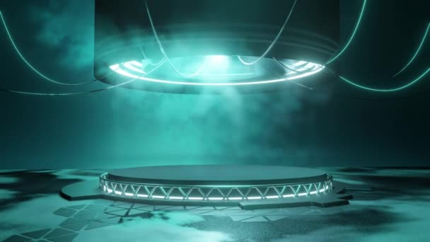 Uma Grande Fase Pódio Plataforma Futurista Redonda Com Iluminação Néon — Vídeo de Stock