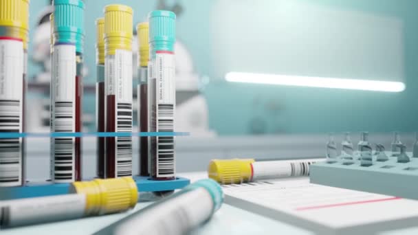検査室で血液サンプルの行をスクリーニングし 医療用にテスト — ストック動画