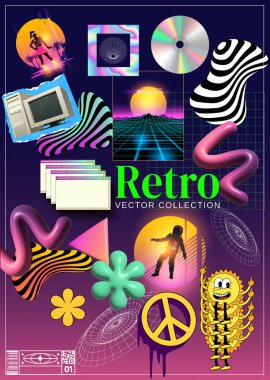 Retro 80 'ler ve 90' lar retrowave ve postmodern çıkartmalar doku ve elementler. Vektör illüstrasyonu