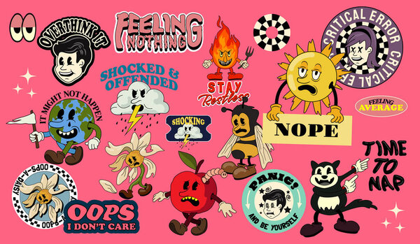A set of vector retro cartoon stickers and playful characters including a flower, bee and cat with uninspiring messages.