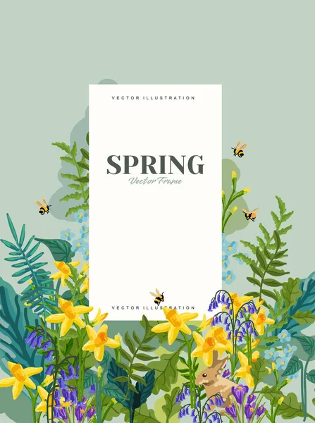 Цветочный Фон Весны Цветами Растениями Шмелями Векторная Иллюстрация — стоковый вектор
