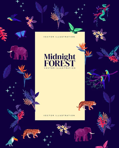 Magico Selvaggio Layout Foresta Pluviale Mezzanotte Con Decorazioni Esotiche Illustrazione — Vettoriale Stock