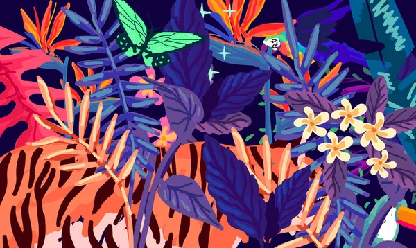 Medianoche Selva Tropical Textura Mágica Patrón Trazo Pintura Ilustración Vectorial — Vector de stock