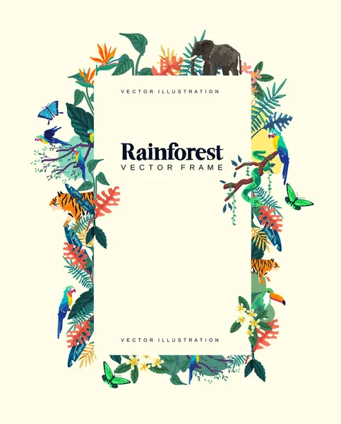 Bitkiler Hayvanlarla Vahşi Tropikal Yağmur Ormanlarının Çerçeve Tasarımı Vektör Dekoratif — Stok Vektör