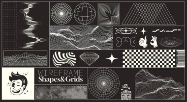 Yerleşim ve tasarım için gelecek Y2K şekilleri ve şebeke kalıplarının bir koleksiyonu. Vektör illüstrasyon kiti