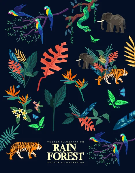 黑暗和野生奇异的热带植物和动物纹理背景元素 矢量说明 — 图库矢量图片