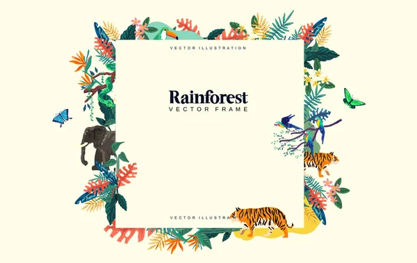 Wild Rainforest Decorative Frame Animals Botanical Plants Vector Illustration Layout — Stock Vector