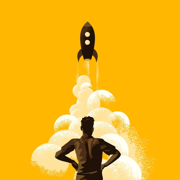 Explosión Hombre Para Observa Como Cohete Lanza Espacio Concepto Ilustración — Vector de stock