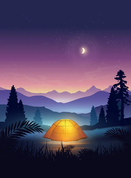 Bir Kamp Çadırı Dağlarla Ağaçlarla Dolu Güzel Bir Seyahat Yerine — Stok Vektör