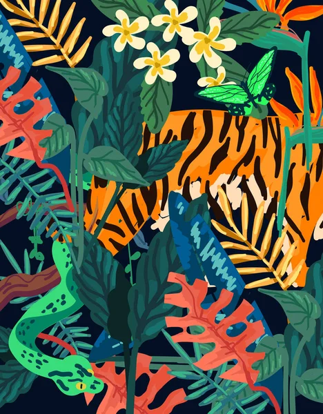 Exotische Moderne Regenwald Muster Hintergrund Mit Pinselstrichen Und Floralen Elementen — Stockvektor
