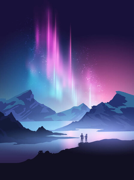 Two hikers travelling and exploring stop to admire the Northern Lights aurora at night above a beautiful mountain range.