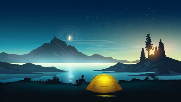 Paesaggio Tranquillo Tranquillo Montagna Lago Con Uomo Una Tenda Accampata — Vettoriale Stock