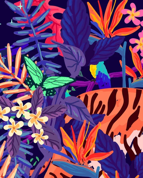 Wild Colourful Midnight Rainforest Texture Pattern Background — Stock Vector