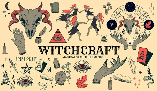 Magical Collection Vector Witchcraft Spells Design Elements Dancing Witches Crystal — Stock Vector