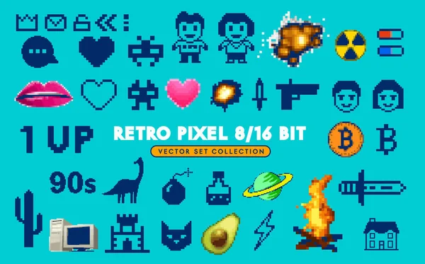Collection Bit Retro Pixel Characters Letters Icons Symbols — Stock Vector