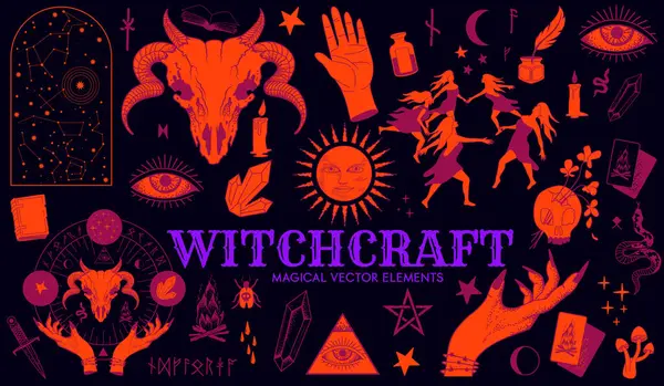 用舞动的女巫 水晶石 手和法术书籍的魔方巫术和法术设计元素的神奇集合 — 图库矢量图片