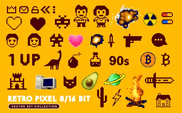 Eine Sammlung Von Bit Retro Pixel Zeichen Der 90Er Jahre — Stockvektor
