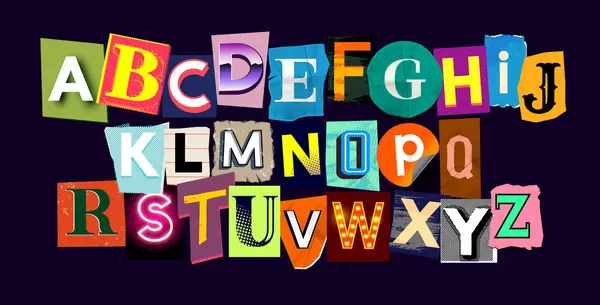 Creative Collection Scrap Book Letters Ransom Note Alphabet Vector Font — Stock Vector