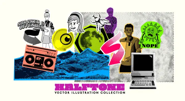 Set Objects Including People Technology Halftone Grunge Asset Collection Vector — Stock Vector