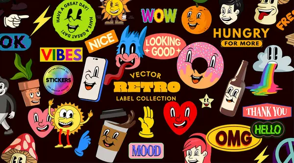 Collection Retro Cartoon Characters Mood Stickers Vector Illustration — Stock Vector