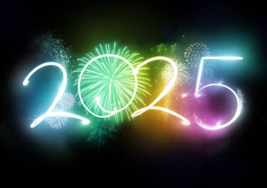 2025 Havai fişek Yeni Yıl Kutlamaları Havai fişekleri Numaralandırır. Geçmiş tatil kavramı.