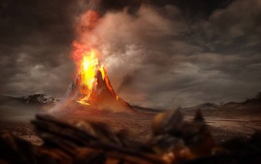 Büyük bir volkan patlaması. Sıcak lav püsküren büyük bir yanardağ ve gazlar atmosfere püskürüyor. Kasvetli bir manzarayla karşı karşıyayız. 3B Görüntü.