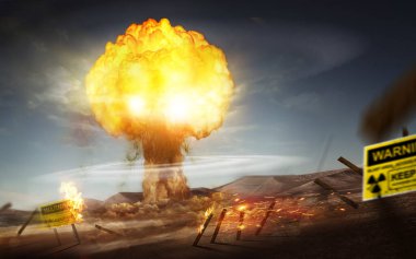 Bir Atom Bombası düşüyor ve patlıyor Yıkım ve nükleer serpintiye neden oluyor. Fotoğraf bileşimi