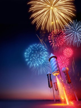 Havai fişek gece parti kutlamaları güzel renklerle. Kompozisyon illüstrasyonu