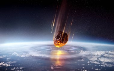 Büyük bir yok oluş olayı asteroit dünya atmosferine çarpıyor ve şok dalgaları yaratıyor. Kitlesel yok oluş olayı 3 boyutlu bilimsel illüstrasyon.