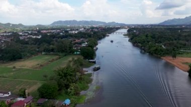 Aerial view of calm Kwai river in Kanchanaburi, Thailand.