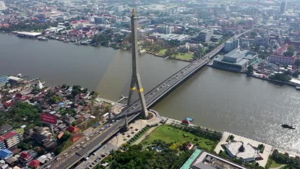 Arial View Traffic Cable Stayed Bridge Rama Viii Chao Phraya — 비디오