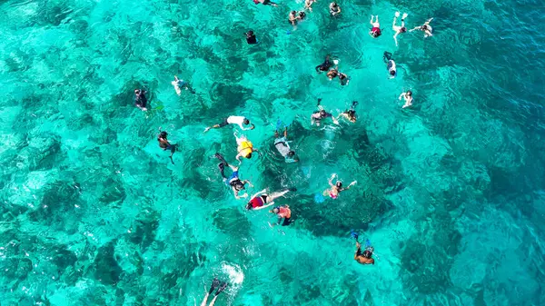 Hava aracı görüntüsü turistler Gili adalarındaki sualtı heykellerine şnorkelle dalıyorlar..