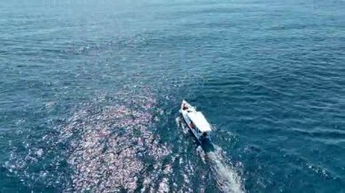 Turist teknesi Endonezya 'da şnorkelle yüzmek için Gili Hava Adası' na yaklaşıyor..