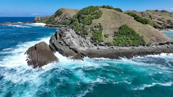 Çarpıcı bir sahil kayalığı, dingin denizle buluşan parlak beyaz kayalıkları gösteriyor. Canlı yeşillik ve dağınık çiçekler derin mavi sulara ve açık gökyüzüne zıtlık ekler..