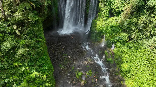 Tiu Kelep şelalesinin göz alıcı bir perspektifi, ziyaretçilerin yeşil ormanın göbeğindeki kayalık nehir yatağını keşfettiği puslu tabanı gözler önüne seriyor..
