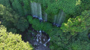 Yukarıdan, Benang Kelambu Şelaleleri 'nin hassas akarsuları sık yeşilliklerden geçerek doğal bir perde oluşturur ve aşağıdaki orman zeminini tazeler..