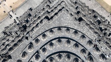 Tepe-aşağı detaylı casus uçak atış Borobudur Tapınağı Doğu Java, Endonezya köşesinin.