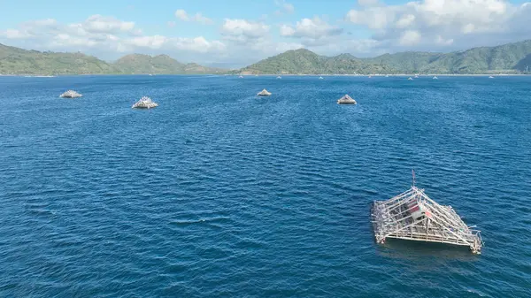 Geleneksel bambu avlama platformları Lombok yakınlarındaki mavi denizde yüzerler. Hava görüntüsü, arka planda yemyeşil tepeler bulunan eşsiz yapıları yakalar..