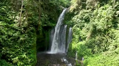 İnsanlar Tiu Kelep şelalesinin dibinde toplanıyor. Güçlü çağlayanın canlandırıcı bir sis ve merak uyandırdığı canlı yeşil bir ormanla çevrili..