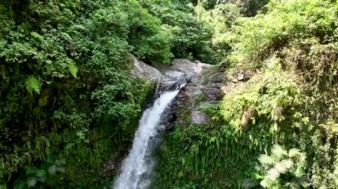 Tiu Kelep şelalesinin üst akıntısı dramatik bir düşüş yapmadan önce kayaların üzerinden yavaşça akar. Tropikal orman kristal berrak suyu doğal ortamda çerçeveler..