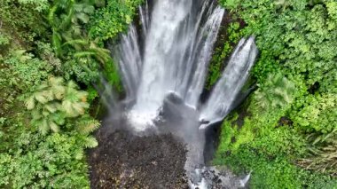 Tiu Kelep şelalesinin altındaki kayalık nehir yatağında yürüyen insanların hava manzarası. Lombok 'taki Tiu Kelep şelalesinin çarpıcı hava perspektifi, birden fazla su akıntısının aşağıdaki karanlık havuza düştüğü yer..