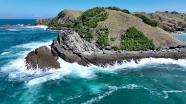 Çarpıcı bir sahil kayalığı, dingin denizle buluşan parlak beyaz kayalıkları gösteriyor. Canlı yeşillik ve dağınık çiçekler derin mavi sulara ve açık gökyüzüne zıtlık ekler..
