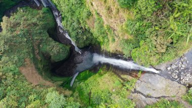 Madakaripura şelalesi yukarıdan aşağıya güçlü dalgaların volkanik kayalıkları oyduğunu ve Doğu Java 'daki sakin havuzu beslediğini gösteriyor..