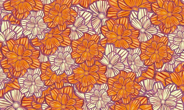 Colourful Yellow Cosmos Flower Hand Drawn Pattern Background — Stock Photo, Image